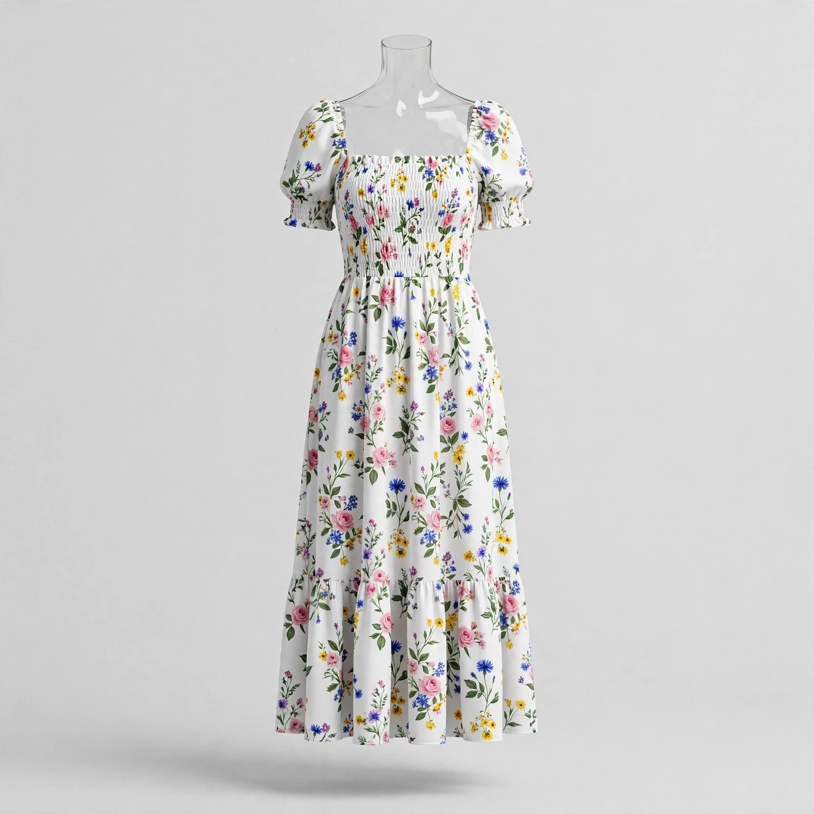 White Floral Summer Midi Dress
