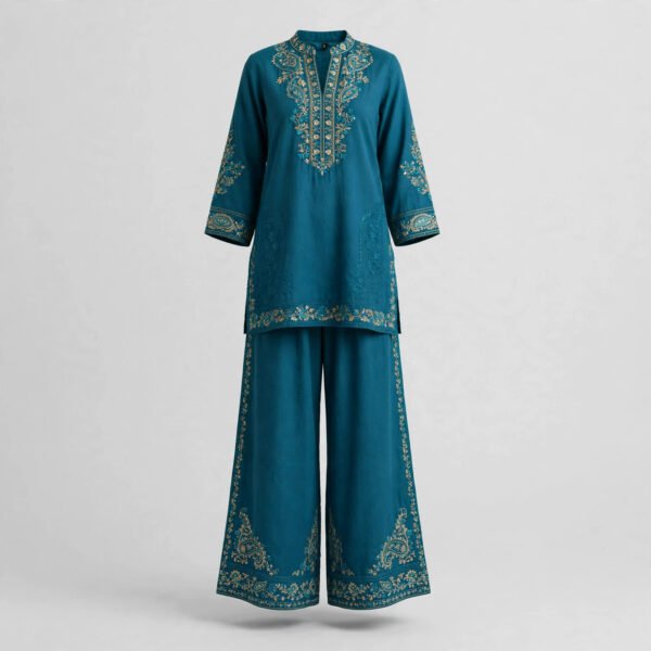 Teal Embroidered Kurti Palazzo Set