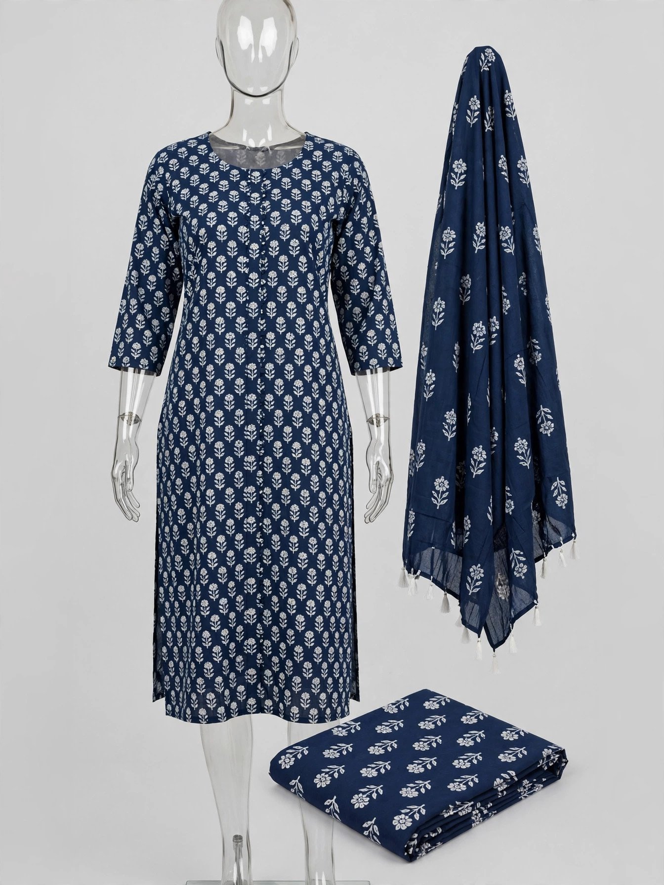 Navy Cotton Printed Salwar Suit